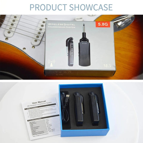 Box and contents of 5.8GHz Wireless Guitar System With Ultra Low Latency For Live Gigs, 50 Meter Range, 6 Hour Battery Life