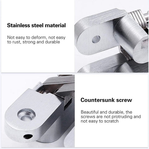 Close-up of Two Pack 1.77 Inch Hidden Cross Hinges Concealed Swing Hinges for Cabinets with rustproof zinc alloy and countersunk screws.