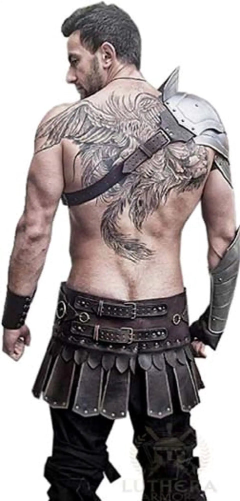 Back view of Handcrafted Steel Pauldron Armor For Gladiators And Larp Warriors A Rugged Metal Shoulder Piece That Elevates Any Fantasy Cosplay