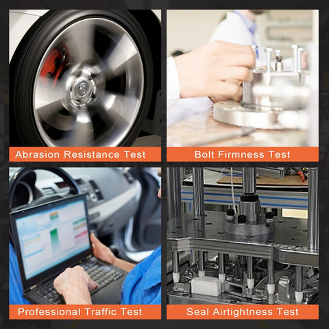 Collage showing abrasion resistance, bolt firmness, professional traffic, and seal airtightness tests for car parts