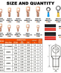 Pro Grade Copper Wire Lugs Set 130 Pieces With 60 Heat Shrink Tubing For Battery Cables AWG 2 To 16 size and quantity chart