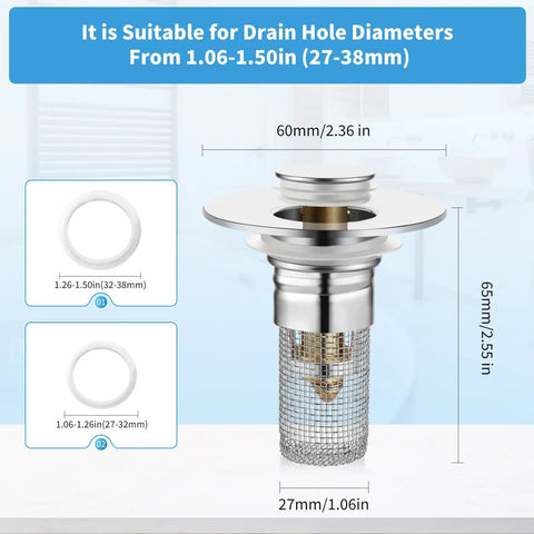 Rock Solid Two Pack Bathroom Sink Stopper And Pop Up Drain Strainer Fits 1.06 To 1.5 Inch Pipes With Clog Proof Basket Filter.