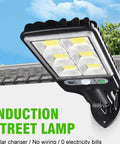 JUDYSSY 128Cob Solar Lights Outdoor Waterproof, Solar Flood Lights Outdoor Motion with Remote on a mounting bracket, showcasing LED bulbs.