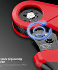 Pro Multifunctional Carbon Steel Crimping Pliers Ergonomic Hand Tool For Electricians And Automotive Technicians, showing adjustable pressure device.