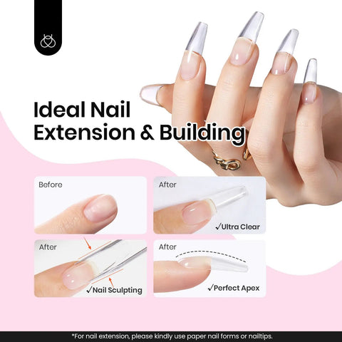 Four-step nail building with Hema Free Hard Gel Kit 9 in 1 for Nail Extensions and Strengthening, showcasing ideal extension.
