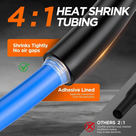 Grab This Fireproof Heat Shrink Tubing Kit With Glue Lined Sealing For Marine Wire Wraps 4 To 1 Shrink Ratio In Black Featuring 1000 Pieces And Seven Sizes. 4:1 adhesive-lined black heat shrink tubing over blue cable