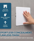 White Peel And Stick Ceiling Access Panel Self Adhesive Pipe Cover No Drill installed on wall with hand applying pressure.