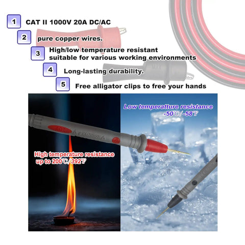 Pro Grade Multimeter Test Leads Kit With 1000V 20A Capacity 40.5 Inch Silicone Probes And Ultra Sharp Gold Plated Tips Handy Alligator Clips