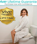 Woman sitting on Raised Toilet Seat Riser 3.5 Inch Height For Standard Round Toilets Easy Install Elevated Toilet Seat Extension