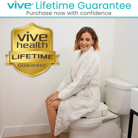 Woman sitting on Raised Toilet Seat Riser 3.5 Inch Height For Standard Round Toilets Easy Install Elevated Toilet Seat Extension