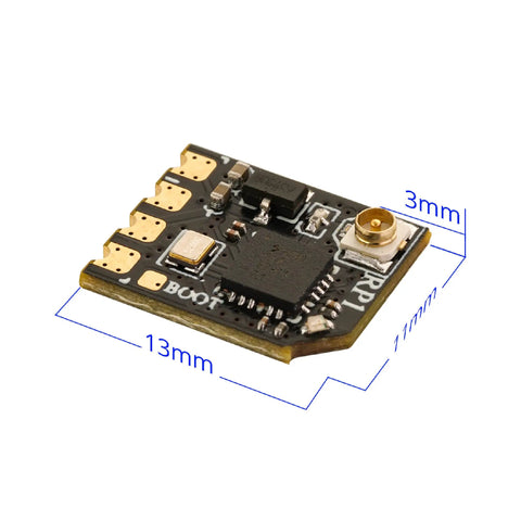 Close-up of RP1 ExpressLRS FPV Receiver 2.4GHz Nano RX Module With 65mm UFL T Antenna, showing dimensions and circuit board.