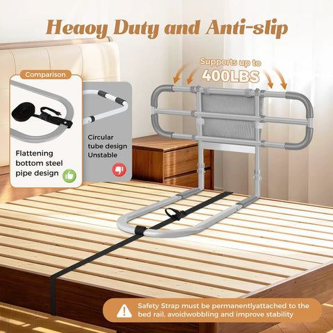 Heavy Duty Adjustable Bed Rail For Seniors With Motion Activated LED Light, 400 Lbs Support shown on a wooden bed frame