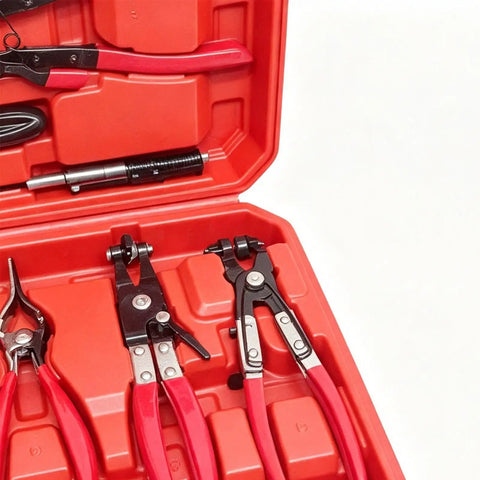 Coolant Hose Clamp Pliers 9-Piece Set, Radiator Heater Tool Kit W/ Multi-Angle Locking Shaft For Spring And Worm Gear Removal, Super Grippy Disconnect Kit For Car Repair And Maintenance Jobs in red case