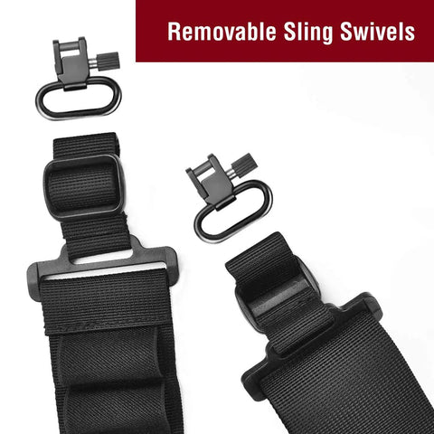 Close-up of removable sling swivels on shotgun sling with 15 shell holder for 12 gauge, durable nylon strap, outdoors use.