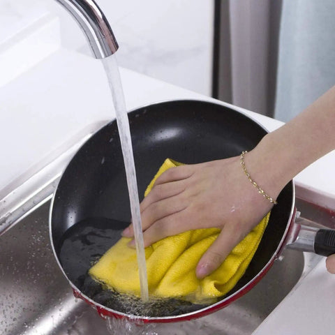 Ultra Soft Microfiber Cleaning Cloths 5 Pack 11.8 By 11.8 Inches Highly Absorbent Reusable Rags used on a frying pan