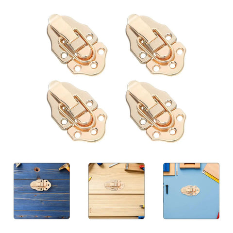 Vintage Golden Metal Box Toggle Latch With Padlock Hole Fits Wood Cases And Guitar Boxes Featuring Easy Install Duckbill Hasp displayed in four angles.