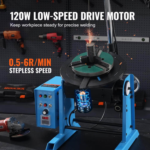 Rotary Welding Positioner 50Kg With 0 To 90 Degree Turntable, Low Speed 0.5 To 6 RPM, 120W Motor, visible on workbench with tools
