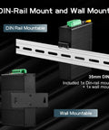 Industrial Ethernet Switch With Four Ports Plus One Uplink 10 100 Mbps shown with DIN rail and wall mount options.
