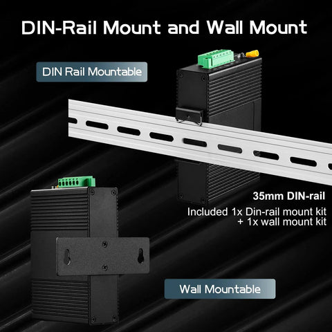 Industrial Ethernet Switch With Four Ports Plus One Uplink 10 100 Mbps shown with DIN rail and wall mount options.