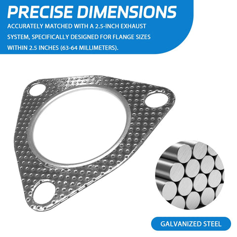 Exhaust flange gasket, galvanized steel, 2.5-inch with three bolt holes and round center opening