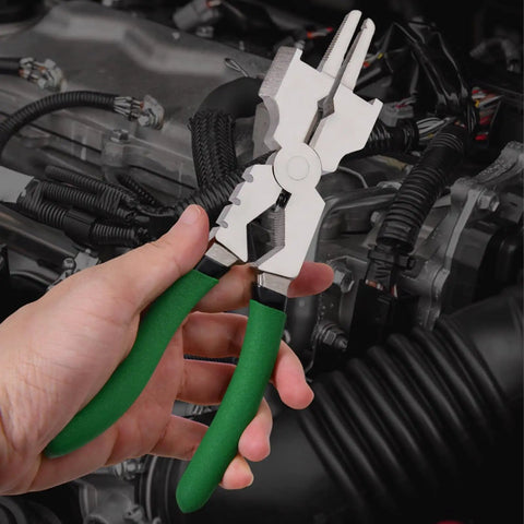 Hand holding 8 Inch MIG Welding Pliers With Nozzle Cleaner And Rounded Hammer Face, Tempered 55 Steel, for automotive work.