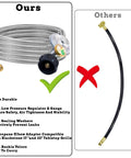 Comparison of our 12 Ft Propane Regulator Hose With Gauge Stainless Braided QCC1 Adapter and a black hose with red X mark.