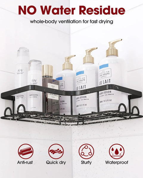 Corner Shower Caddy 2 Pack Adhesive Organizers For Bathroom No Drill Rustproof Stainless Steel Shelves With 8 Hooks Space Saving Black Medium For Easy Access installed in bathroom corner holding bottles
