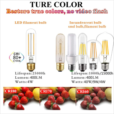 Dimmable 4W LED Bulb E26 40W Equivalent Warm White 2700K 400 Lumens Tubular T9 T10 Edison Style comparison chart