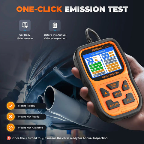 Hand holding OM126P OBD2 Scanner For Cars After 1996 Read And Clear Engine Fault Codes With Live Data Smog Check Ready Tool.