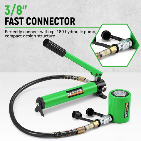 Newhai 20-ton hydraulic porta power kit with CP-180 hand pump, green cylinder and hose, front view