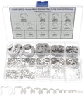 Stainless Steel External Retaining Ring E Clip Assortment Kit, 14 Sizes, 350 Pieces in plastic case, visible tool sizes chart