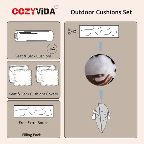 Thick Outdoor Patio Cushions Set Of 2 Deep Seat Cushions 22x24x5.1 Inches, showing cushion parts and filling pack.
