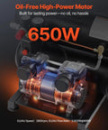 Heavy Duty Oil Free Air Compressor 4.6 Gallon Steel Tank 1 HP 120 Psi Max showing a close-up of its 650W oil-free motor for reliability.