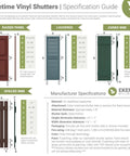 Specification guide for Lifetime Vinyl Shutters showing various panel styles and dimensions with detailed material information.