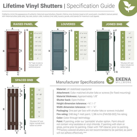Specification guide for Lifetime Vinyl Shutters, including raised panel, louvered, and joined BNB styles with dimensions.