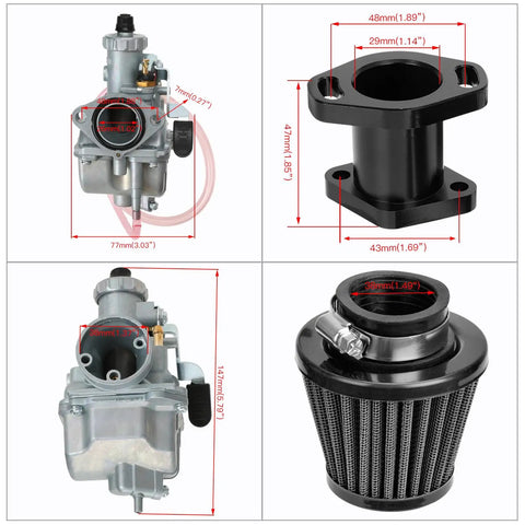 Components of the 26mm Predator 212 Carburetor Upgrade Kit for 212cc Coleman CT200U Mini Bikes Go Karts, including carburetor and filter.
