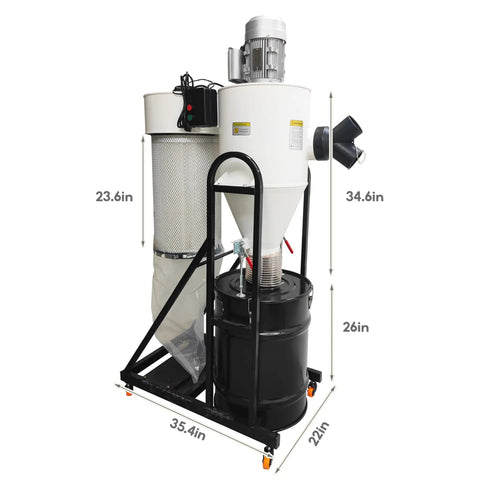 Pro Grade Cyclone Dust Collector With Dual Inlet Designed For Woodworking Shops Offers Kickass Suction And Low Buzz Motor Build To Keep Your Garage Spotlessly Clean Daily, showcasing dual inlet design, 34.6in height.