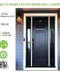 Front porch with 18 Inch Dusk To Dawn Outdoor Wall Lanterns Matte Black, showcasing ETL listed photocell sensors on either side of door.