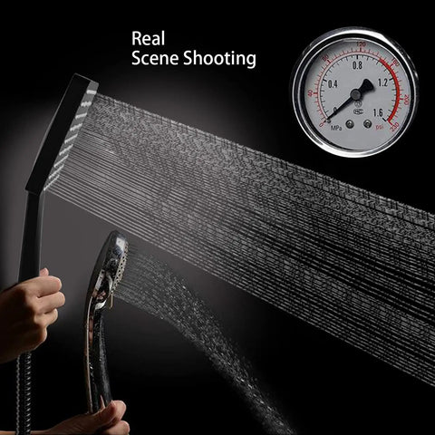 High Pressure Shower Head With Handheld Detachable System, showcasing water pressure and flow against gauge, matte black finish