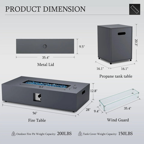 56 Inch Outdoor Propane Fire Pit Table With 50000 BTU Power featuring dimensions, metal lid, wind guard, and hidden tank design
