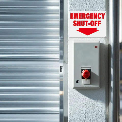 Emergency shut-off sign above switch, 2 Pack Aluminum Tough As Nails Emergency Shut Off Signs 10 By 7 Inches Waterproof And Durable