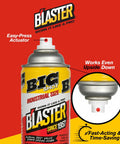 Front view of Blaster Penetrating Oil Spray with easy-press actuator, industrial size, promoting rust and corrosion prevention use.