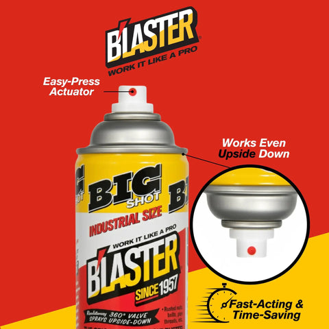 Front view of Blaster Penetrating Oil Spray with easy-press actuator, industrial size, promoting rust and corrosion prevention use.