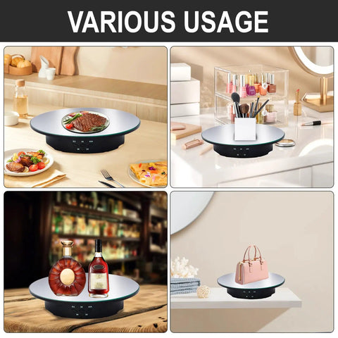 Electric Motorized Rotating Display Stand With Remote Control, 360 Degree Turntable For Photography Products Jewelry And Collectibles, 7.8 Inch Platform showcasing food, cosmetics, drinks, and accessories.