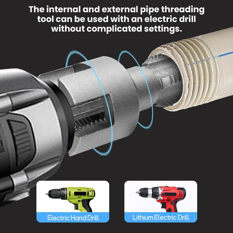 Heavy Duty PVC Pipe Threader Kit For 1/2 Inch And 3/4 Inch Plastic Pipes with electric drill compatibility and threaded pipe details.