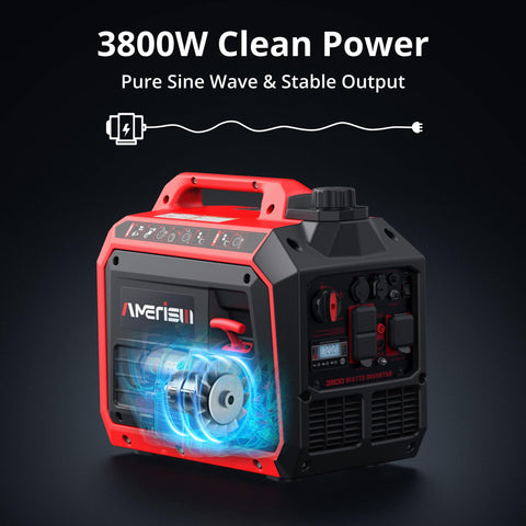3800W Gas Powered Portable Inverter Generator With CO Sensor showing digital display and controls