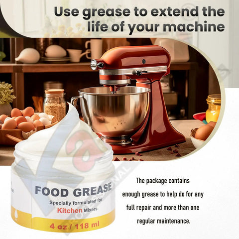 Food Grade 4 Oz Grease For Kitchen Mixers And Stand Mixers, Food Safe Lubricant To Reduce Gear Wear, Fits 4 To 7 Quart Models, Includes Gasket And Spatula, Prolongs Mixer Life And Keeps Beater Running Smoothly on mixer and grease jar