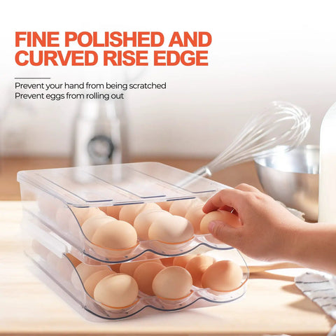 Clear Acrylic Stackable Egg Container For Refrigerator, 36 Count, hand accessing eggs in double-layer acrylic organizer.