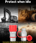 Image showing One Half Inch NPT Skid Steer Hydraulic Quick Connect Couplers With Two Dust Caps in rugged conditions.