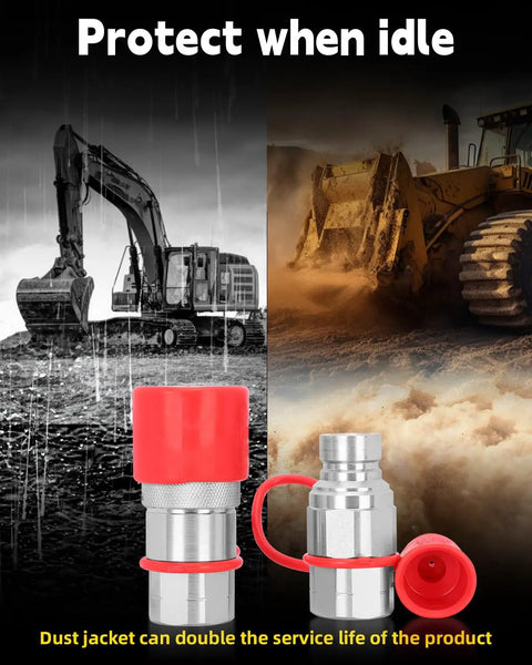 Image showing One Half Inch NPT Skid Steer Hydraulic Quick Connect Couplers With Two Dust Caps in rugged conditions.